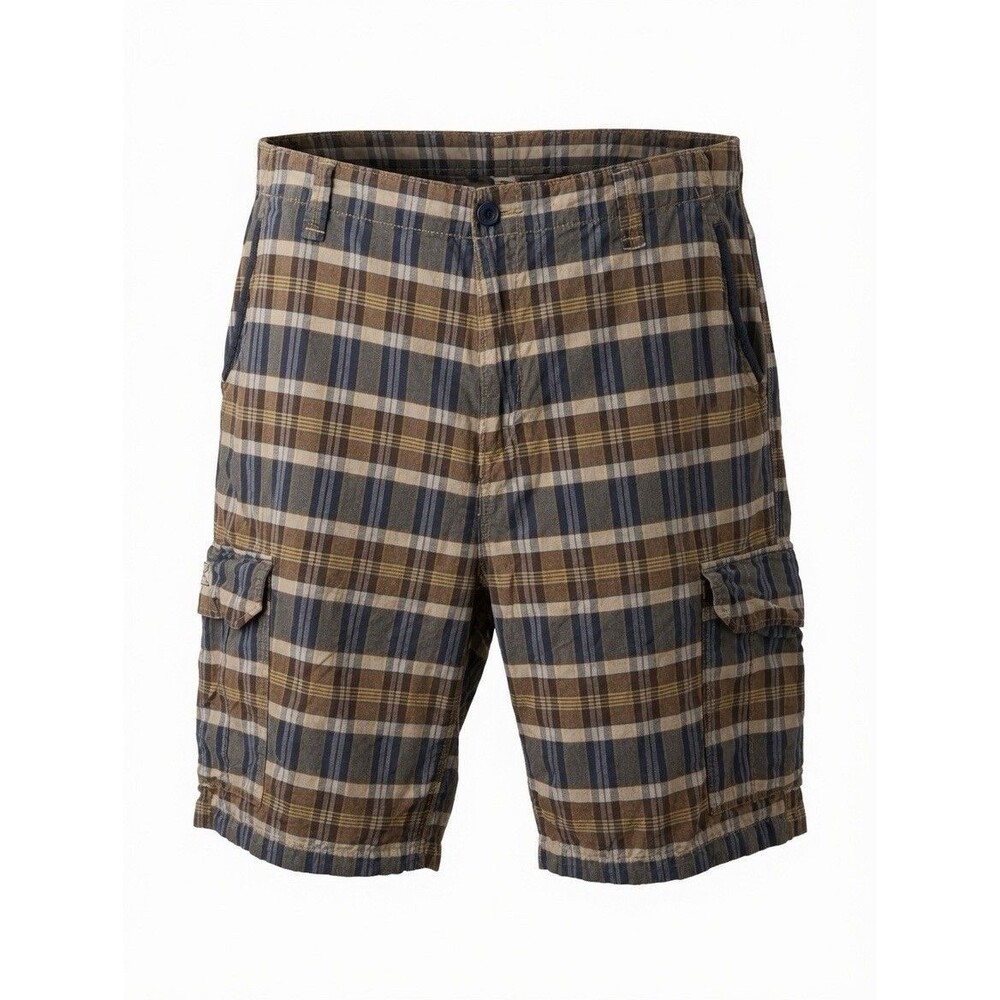 Y2K Nautica Jeans Co Plaid Cargo Shorts Mens 42 Brown Blue Cotton Flat Front VTG